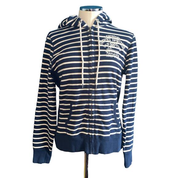Lucky Brand Navy Blue Striped Zip Up Embroidered Knit Track Hoodie Size Large - Picture 1 of 8